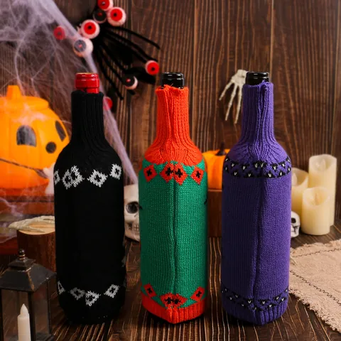 Halloween Knitted Wine Bottle Cover Skeleton Pumpkin Spider Pattern Christmas Thanksgiving Holiday Dining Table Decoration Wine Gift Bag