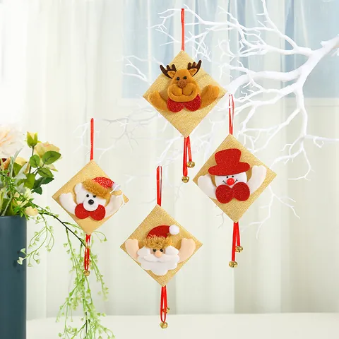 Handmade Burlap Christmas Hanging Ornament 3D Santa Snowman Reindeer Bear Doll With Metal Bells Christmas Tree Decoration Xmas Party Decor Home Office Pendant