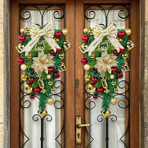 Kerst Teardrop Krans Rode Gouden Ornamenten Strik Kunstden Vrolijk Kerstfeest Deur Muur Decoratie