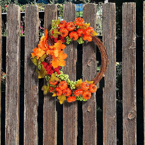 Thanksgiving Autumn Pumpkin Wreath Fall Harvest Maple Leaf Pine Cone Rattan Door Hanging Garland For Home Party Decoration