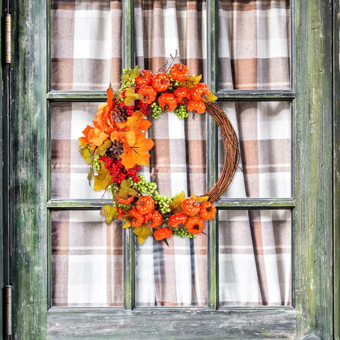 Thanksgiving Autumn Pumpkin Wreath Fall Harvest Maple Leaf Pine Cone Rattan Door Hanging Garland For Home Party Decoration