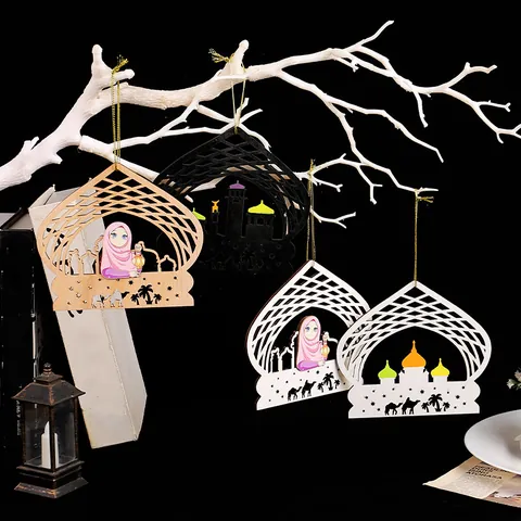 Wooden Ramadan Eid Hanging Ornament Mosque Castle Silhouette Cartoon Girl Camel Star Decorative Pendant For Home Car Muslim Festival Decor