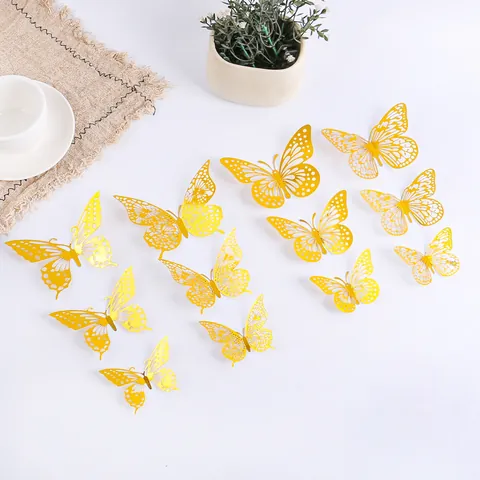 3D Hollow-out Butterfly Wall Sticker Gold Metallic Paper Decorative Decals For Home Living Room Wedding Christmas Party Decoration
