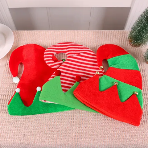 Christmas Elf Hat With Bells And Pom-Poms Striped Splicing Non-Woven Fabric Xmas Party Decoration Hat For Adults Kids