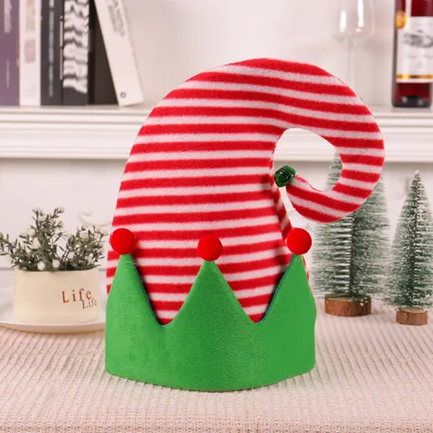 Christmas Elf Hat With Bells And Pom-Poms Striped Splicing Non-Woven Fabric Xmas Party Decoration Hat For Adults Kids