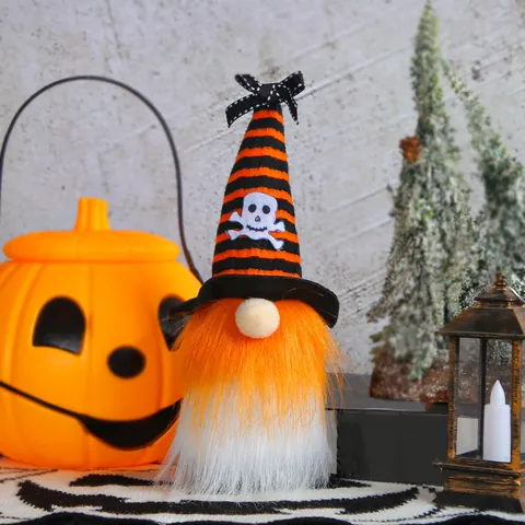 Αποκριάτικο Halloween Gnome Λούτρινη Κούκλα Διακοσμητικό Τραπεζιού Ριγέ Καπέλο Μάγισσας Σκελετός Κολοκύθα