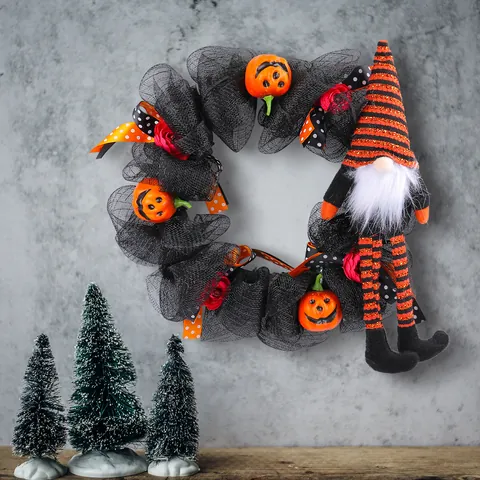 Halloween Gnome Wreath Decoration Faceless Old Man Plush Doll Hanging Ornaments with Orange Pumpkin Flowers Mesh Wreath for Front Door Party Home Wall Decor