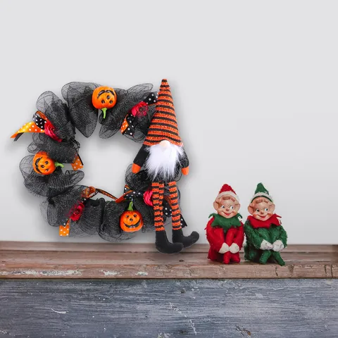 Halloween Gnome Wreath Decoration Faceless Old Man Plush Doll Hanging Ornaments with Orange Pumpkin Flowers Mesh Wreath for Front Door Party Home Wall Decor