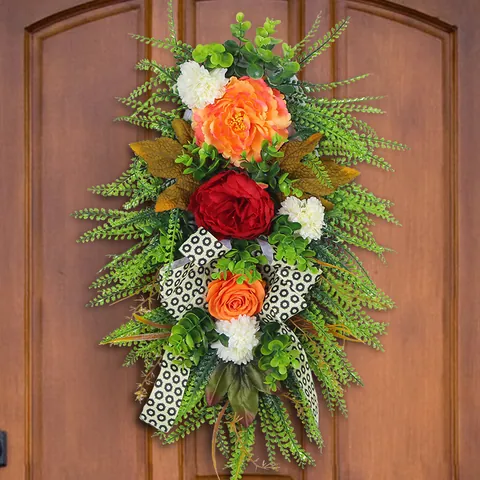 Artificial Autumn Teardrop Swag Wreath Front Door Harvest Decoration Leopard Print Bow Peony Rose Greenery Wall Hanging