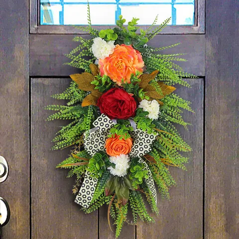 Artificial Autumn Teardrop Swag Wreath Front Door Harvest Decoration Leopard Print Bow Peony Rose Greenery Wall Hanging