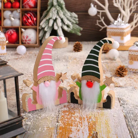Nordic Wooden Christmas Gnome Ornaments Striped Long Hat Dwarf Figurine For Tabletop Garden Miniature Xmas Home Decorations