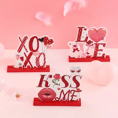Ornement de Table en Bois Saint-Valentin Créatif LOVE XOXO KISS ME Lettres Cœur Ours Décoration Bureau Cadeau Festif Artisanat