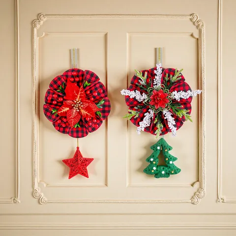 Buffalo Karo Weihnachtskranz Stoffanhänger Mit Weihnachtsbaum Stern Design Künstlicher Weihnachtsstern Kiefernadeln Feiertagsdekoration Für Tür Fenster Wand