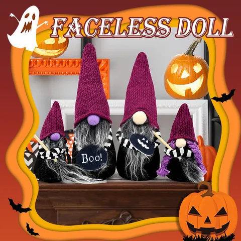 Poupée Gnome sans Visage d'Halloween Ornement en Peluche Bonnet en Tricot Violet Poupée sans Visage Avec Balai Magique Signe Boo Décoration de Table
