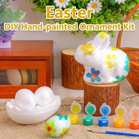 Easter DIY Hand-painted Bunny Set White Foam Rabbit Eggs Craft Kit With Paint And Brush Kids Creative Festival Party Decor