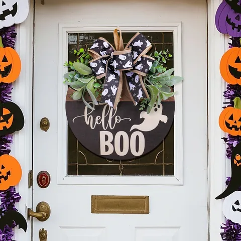 Halloween Spook Boo Houten Deurbord Hangend Ornament Met Strik Kunstplanten Wanddecoratie Feestelijk Huis Decor