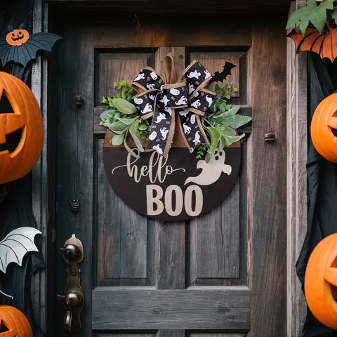 Halloween Spook Boo Houten Deurbord Hangend Ornament Met Strik Kunstplanten Wanddecoratie Feestelijk Huis Decor