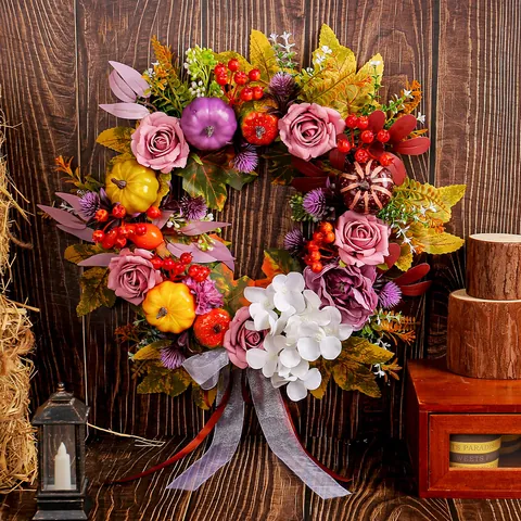Harvest Festival Rose Pumpkin Wreath Artificial Autumn Maple Leaf Berry Door Hanging For Farmhouse Thanksgiving Home Decor