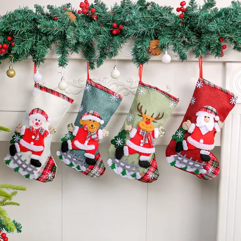 Christmas Stocking Burlap Plaid 3D Santa Snowman Reindeer Bear Character Hanging Ornament Holiday Fireplace Gift Candy Bag