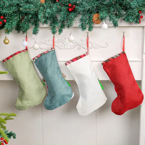 Christmas Stocking Burlap Plaid 3D Santa Snowman Reindeer Bear Character Hanging Ornament Holiday Fireplace Gift Candy Bag