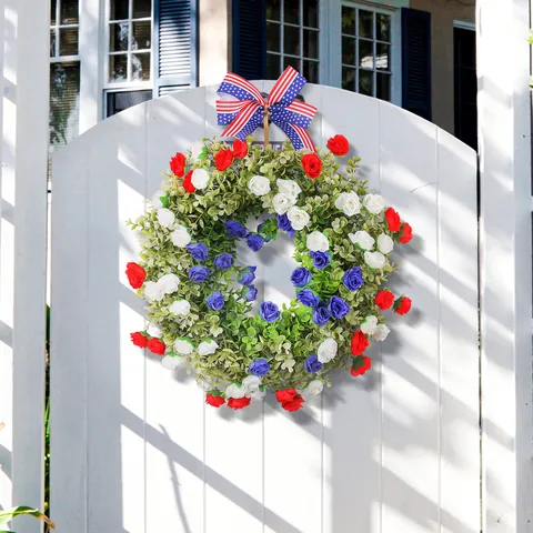 American Independence Day Wreath Patriotic Red White Blue Rose Flower Wreath With Star Spangled Banner Bow Front Door Decor July 4th Memorial Day Decoration