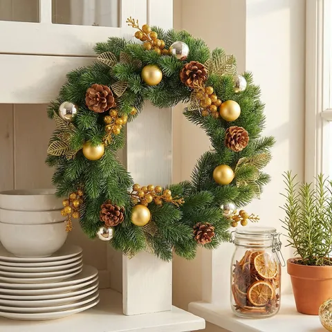 Guirnalda de Navidad Hojas de Oro Perlas de Plata Piñas Naturales Simulación Aguja de Pino Verde 43cm Adorno de Puerta Pared