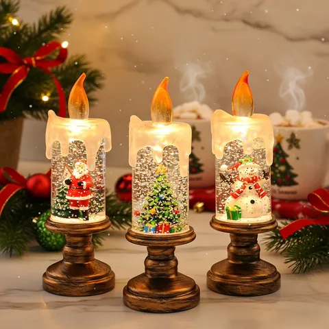 Retro Christmas Snow Globe Candle Night Light LED Simulation Flame Glitter Lamp Ornament For Xmas Holiday Decor Gift