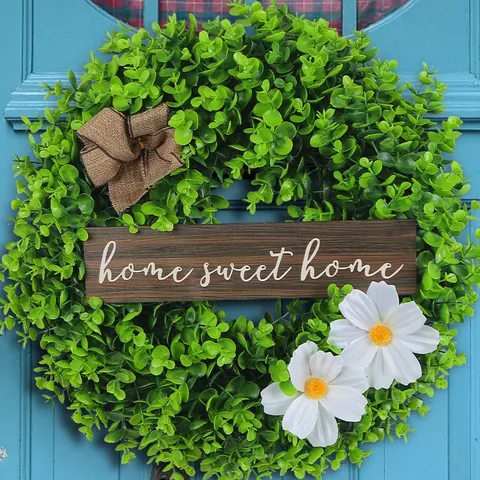 Artificial Boxwood Wreath With Home Sweet Home Sign Farmhouse Front Door Decoration Green Leaf Burlap Bow Daisy Wreath Decor