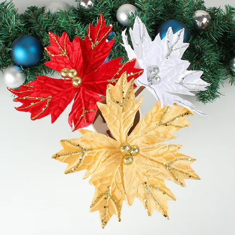 Artificial Christmas Poinsettia Flowers With Stem Plastic Iron Wire Glitter Ornaments For Holiday Tree Wreath Home Decor