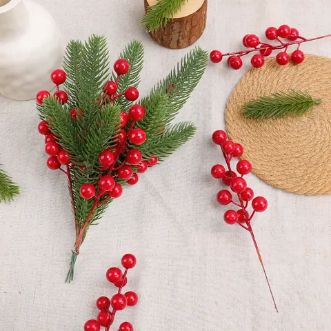 Artificial Christmas Pine Needle Red Berry Branches Plastic Foam Wire Simulation Greenery Pick For Home Table Decor Xmas Holiday Decoration