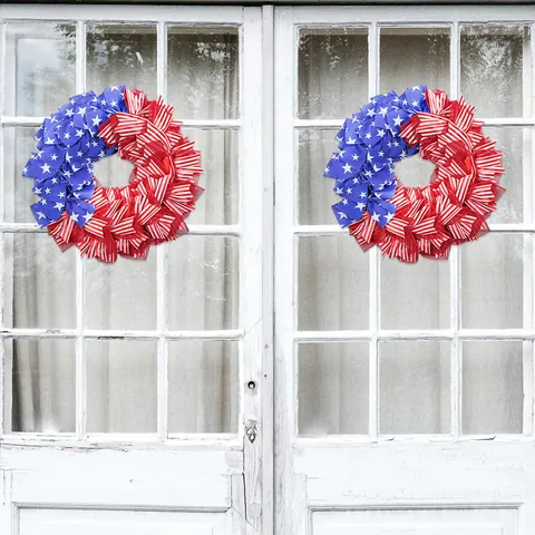 Patriotic Independence Day Wreath US Flag Theme Red White Blue Mesh Bow Door Hanging Wreath Holiday Home Wall Decor Ornament