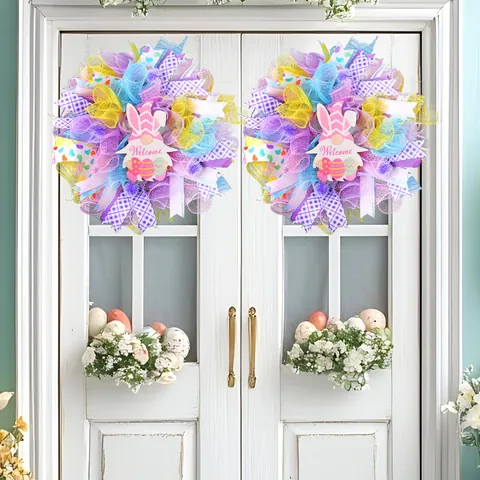 Ostern Gnom Hase Holzschild Kranz Bunte Netzschleife Türbehang Frühling Zuhause Deko Willkommensschild Festliche Girlande