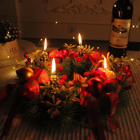 Christmas Candle Holder Wreath Artificial Pine Needle Red Berry Pine Cone Metal Holder Tabletop Centerpiece Decoration Ornament