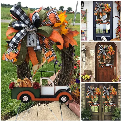 Christmas Wreath Autumn Harvest Decoration Vintage Truck Buffalo Plaid Bow Greenery Maple Leaves Rustic Farmhouse Wreath