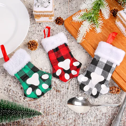 Polyester Christmas Cat Paw Cutlery Holder Buffalo Plaid Table Decoration Holiday Gift Bag For Restaurant Bar Party Home Decor