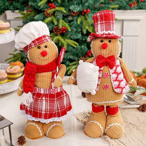 Telescopic Christmas Gingerbread Man Plush Doll Chef Top Hat Couple Figurine Xmas Window Display Ornament Home Decor