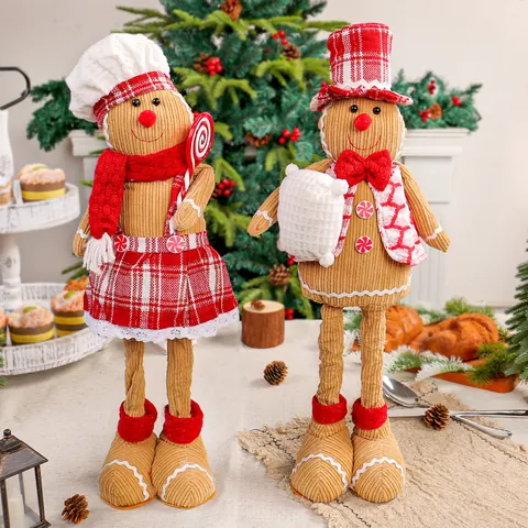 Telescopic Christmas Gingerbread Man Plush Doll Chef Top Hat Couple Figurine Xmas Window Display Ornament Home Decor