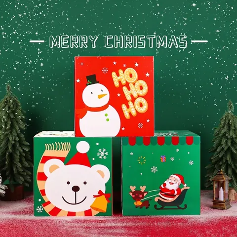 Confezione Regalo di Carta di Natale Scatola Pieghevole per Caramelle Motivo Babbo Natale Pupazzo di Neve Renna Cubo Festa