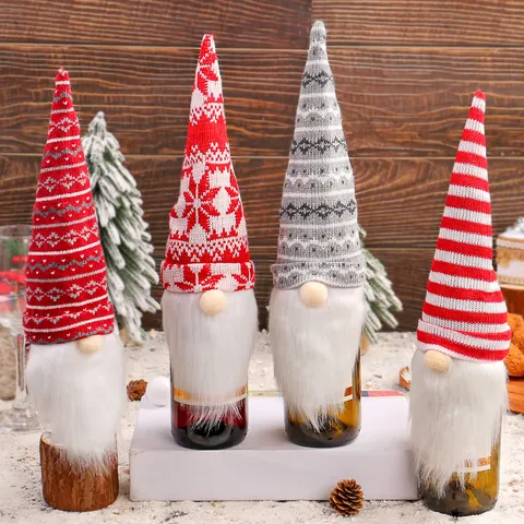 Christmas Gnome Wine Bottle Covers Knitted Forest Man Wine Bottle Toppers Decoration For Holiday Party Table Xmas Decor Gift