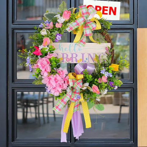 Natural Twig Spring Wreath With Hello Spring Wooden Sign Artificial Hydrangea Tulip Flowers Multicolor Ribbon Bow Garland