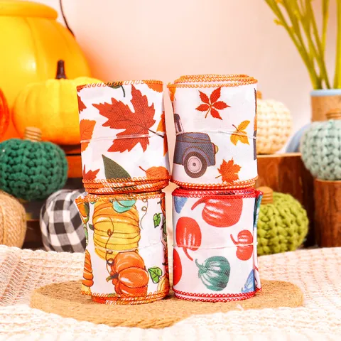 Nastro Con Bordo Animato Raccolto Autunnale Tessuto Zucca Camion Foglia D'acero Ringraziamento Confezione Regalo Decorativo