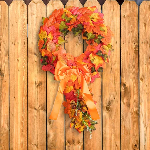 Harvest Festival Maple Leaf Wreath Artificial Autumn Garland For Front Door Wall Decoration Pastoral Home Decor Satin Bow Rattan Ring