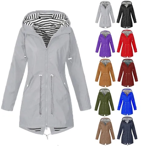Giacca a Vento con Cappuccio e Fodera a Righe da Donna Impermeabile Outdoor Casual Vestibilità Comoda Vita con Coulisse Top
