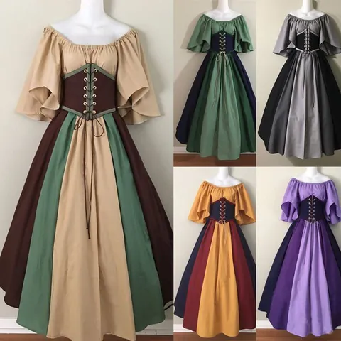 Women's Medieval Renaissance Vintage Dress Off Shoulder Lace Up Waist Patchwork Gown Flared Sleeve Maxi Swing Skirt For Cosplay