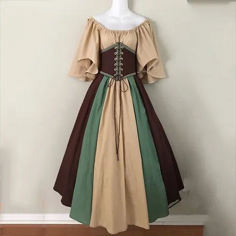 Women's Medieval Renaissance Vintage Dress Off Shoulder Lace Up Waist Patchwork Gown Flared Sleeve Maxi Swing Skirt For Cosplay
