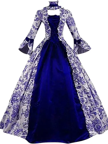 Victorian Medieval Renaissance Court Evening Gown For Women Vintage Long Flare Sleeve Floral Printed Gothic Maxi Dress