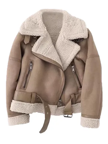 Damen Vintage Wildleder Lammfell-Imitat Moto Jacke Warm Fleece Gefüttert Revers Mantel Mit Gürtel Biker Top