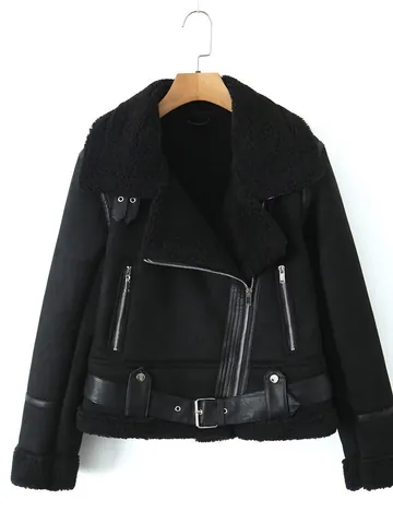 Damen Vintage Wildleder Lammfell-Imitat Moto Jacke Warm Fleece Gefüttert Revers Mantel Mit Gürtel Biker Top