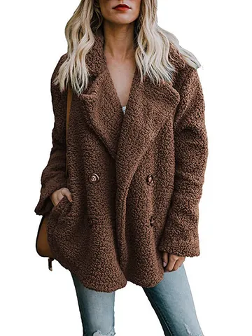 Manteau Femme Décontracté en Fausse Fourrure Peluche Revers Double Boutonnage Veste Chaude Coupe Large Couleur Unie avec Poches