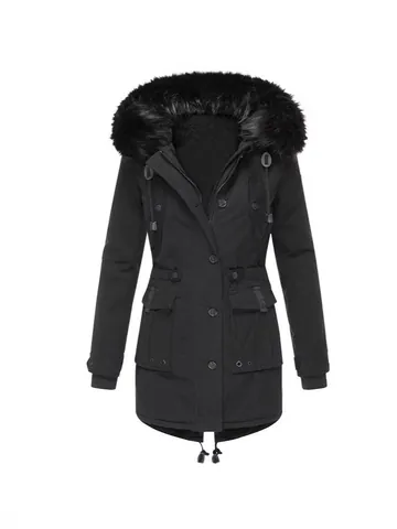 Women Mid-Length Parka Jacket Fleece Lined Thickened Winter Coat With Faux Fur Collar Hooded Windproof Mid-Length Outwear